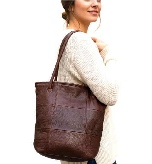 Leder Tasche Damen Shopper Henkeltasche Beuteltasche in Braun, Tote Bag mittelgroß