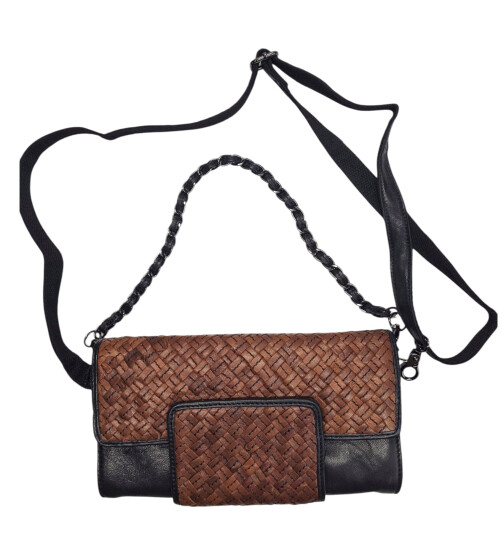 Damen Leder Clutch Umhängetasche Abendtasche mit Kette, geflochten in Schwarz / Braun