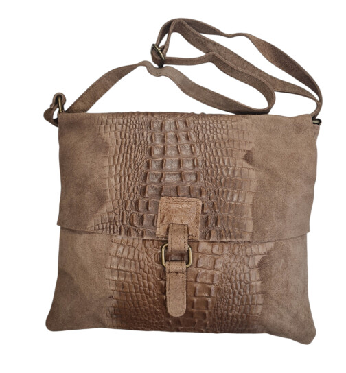 Damen Wildledertasche mittelgroß, Wildleder Umhängetasche in Taupe, Cross Body, flache Schultertasche aus echtem Wildleder in Vintage Look, italienische Handarbeit