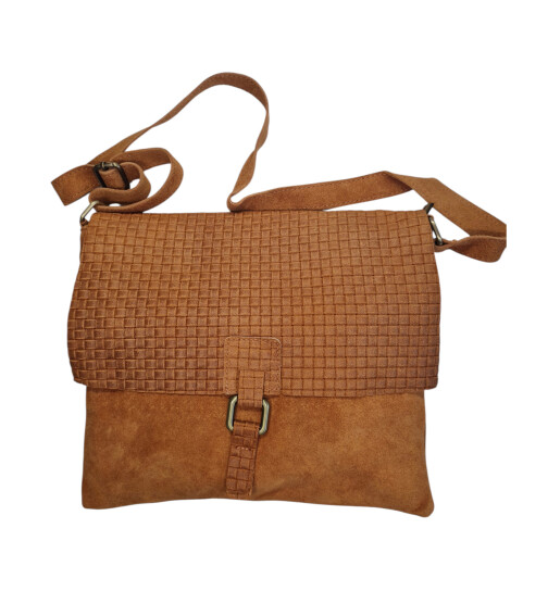 Damen Wildledertasche mittelgroß, Wildleder Umhängetasche in Cognac Cross Body, flache Schultertasche aus echtem Wildleder in Vintage Look, italienische Handarbeit