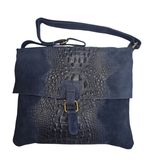 Damen Wildledertasche mittelgroß, Wildleder Umhängetasche in Dunkelblau Cross Body, flache Schultertasche aus echtem Wildleder in Vintage Look, italienische Handarbeit