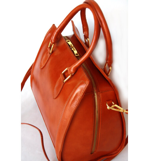 Damen Ledertasche mittelgroß, Leder Tote Bag aus Hartleder mit Schulterriemen, Ledershopper Schultertasche italienische Handarbeit Cognac
