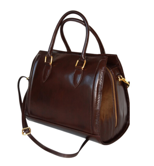 Damen Ledertasche mittelgroß, Leder Tote Bag aus Hartleder mit Schulterriemen, Ledershopper Schultertasche italienische Handarbeit Braun
