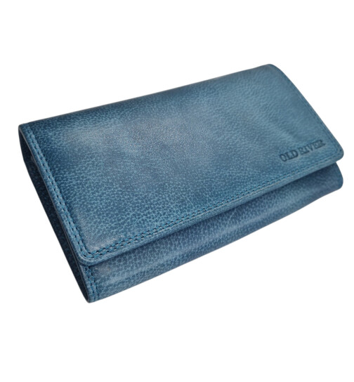 Old River Damen Leder Portemonnaie , Leder Geldbörse Mittelgroß, Damen Börse Vintage Leder Mittelblau