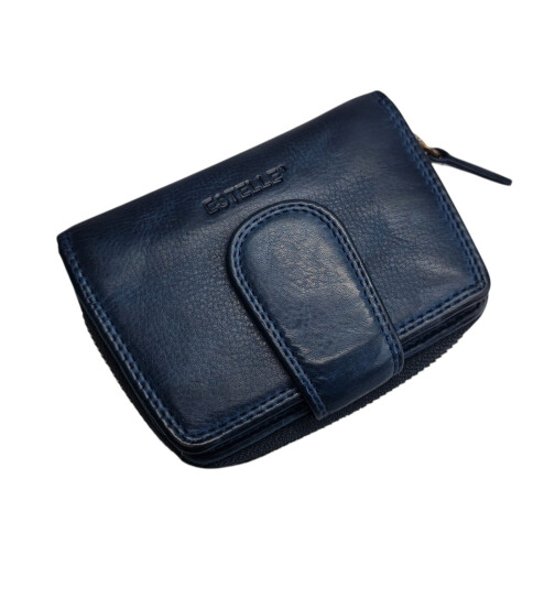 Old River/ Estelle Damen Leder Geldbörse Klein, Damen Portemonnaie mit RFID Schutz, kleiner Geldtbeutel mit viel Fächer Vinatage Leder d.blau